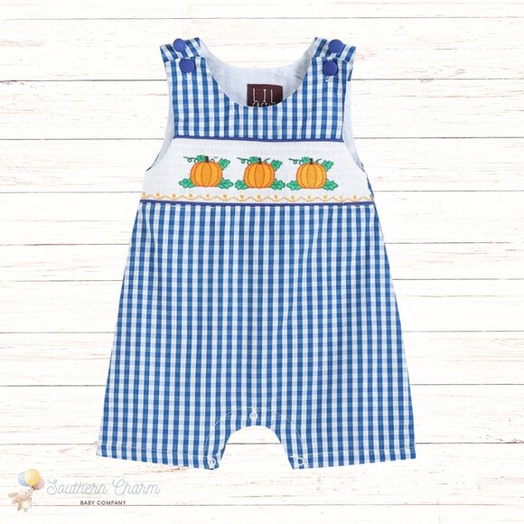 Lil Cactus Other - Baby Boy Blue Gingham Embroidered Pumpkin Smocked Shortalls Thanksgiving